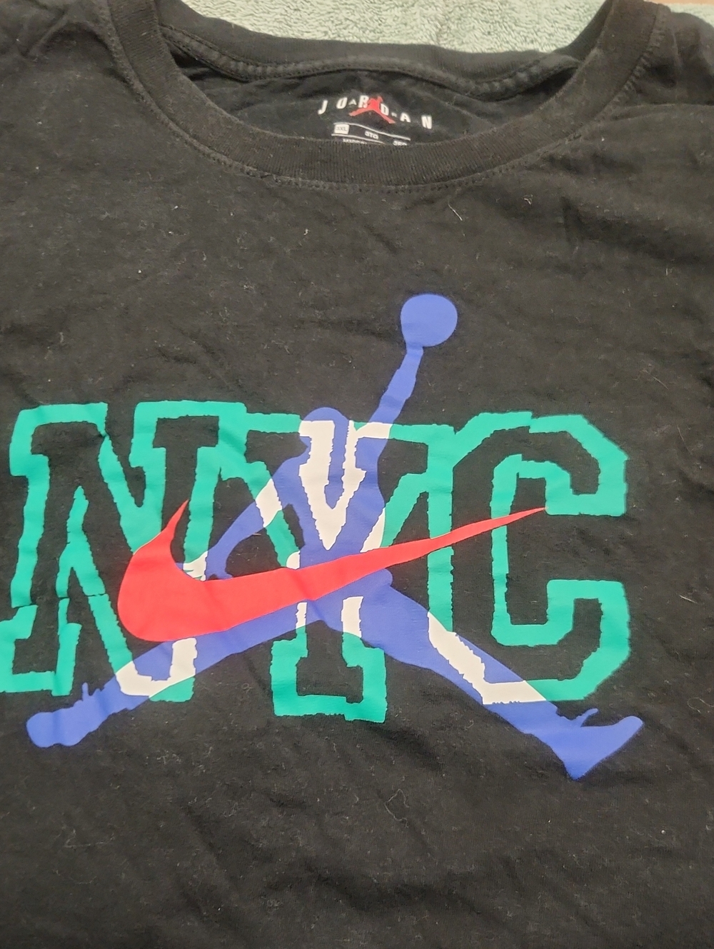 Jordan Black Short-Sleeve Tee with Green NYC, Red Swoosh & Blue Jumpman